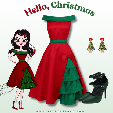 Red & Green 1950s Chrismtas Tree Off-Shoulder Dress