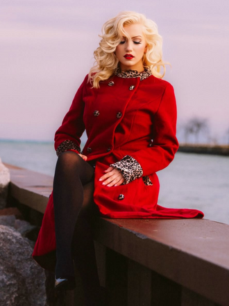 Wine Red 1950s Leopard Patchwork Button Coat