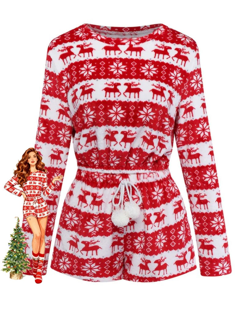 Red 1960s Christmas Reindeer Coral Fleece Pajamas