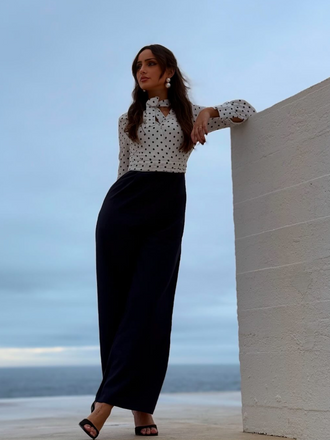 Blue & White 1930s Polka Dots Tie Neck Jumpsuit