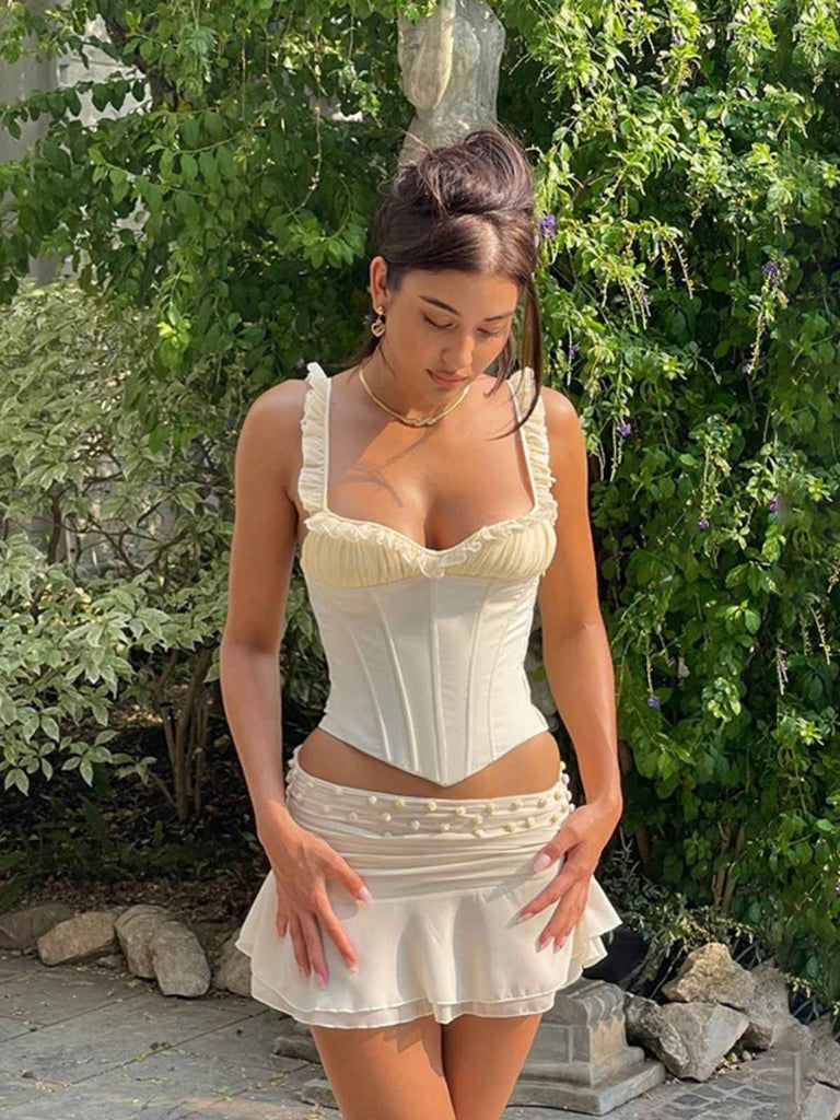1960s Mesh Patchwork Ruffled Corset Camisole