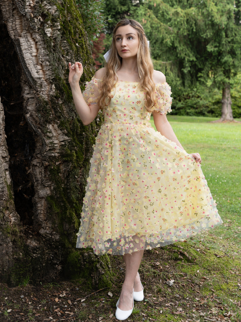 Yellow 3D Floral Puff Sleeves Swing Dress