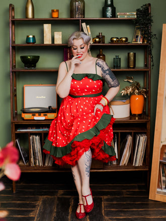 Red 1950s Strawberry Ruffle Belt Dress