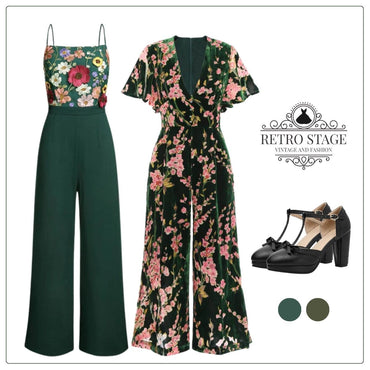Green 1930s 3D Floral Strap Patchwork Jumpsuit