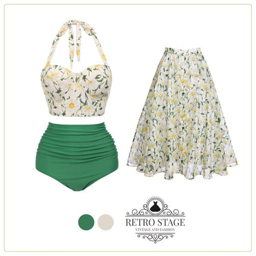 1950s Floral Halter Lace-up Bikini Set