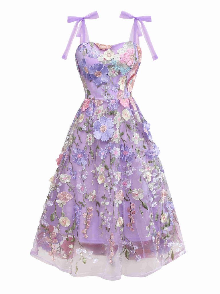 Purple 1940s 3D Floral Bow Strap Mesh Dress