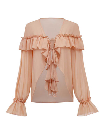 1970s Boho Cascading Ruffles Solid Blouse