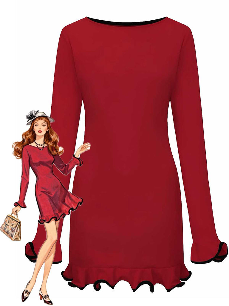 Pink 1960s Ruffle Hem Long Sleeve Dress