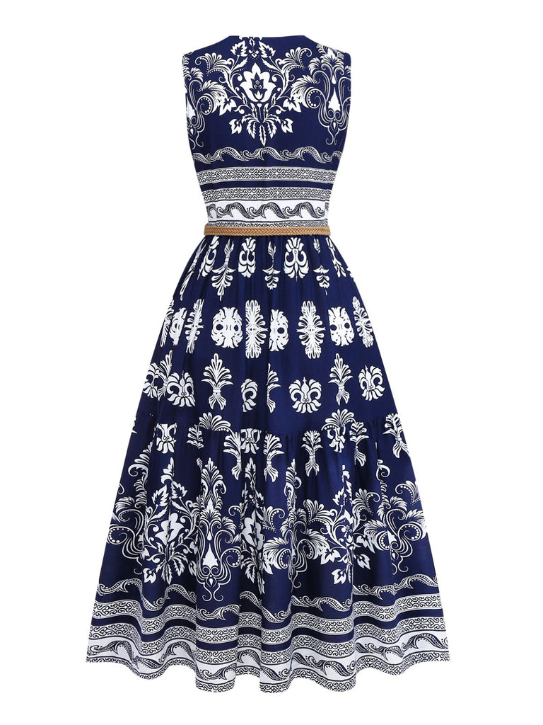 1970s Boho V-Neck Button Belted Dress