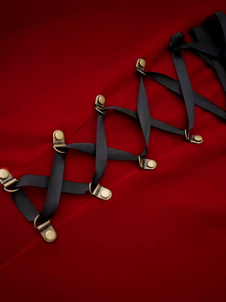 Red 1970s Christmas Plush Lace-Up Strapless Santa Dress