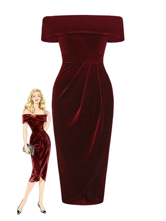 1980s Solid Velvet Off-Shoulder Midi Dress