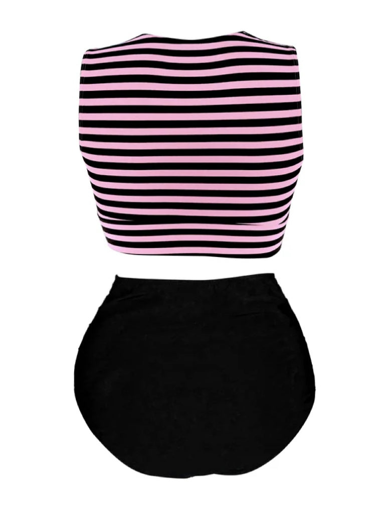 [Plus Size] Pink & Black 1970s Striped Waist Tie Patchwork Swimsuit