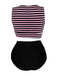 [Plus Size] Pink & Black 1970s Striped Waist Tie Patchwork Swimsuit