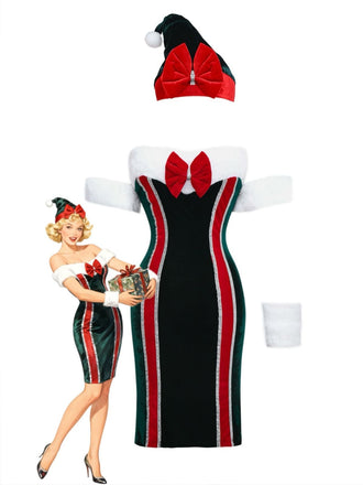1960s Strapless Velvet Christmas Fur Trim Bow Dress Set