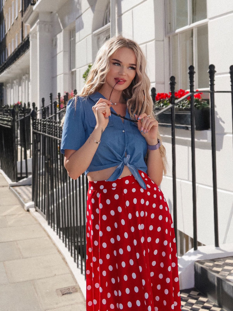 2PCS 1950s Solid Blouse & Polka Dot Skirt