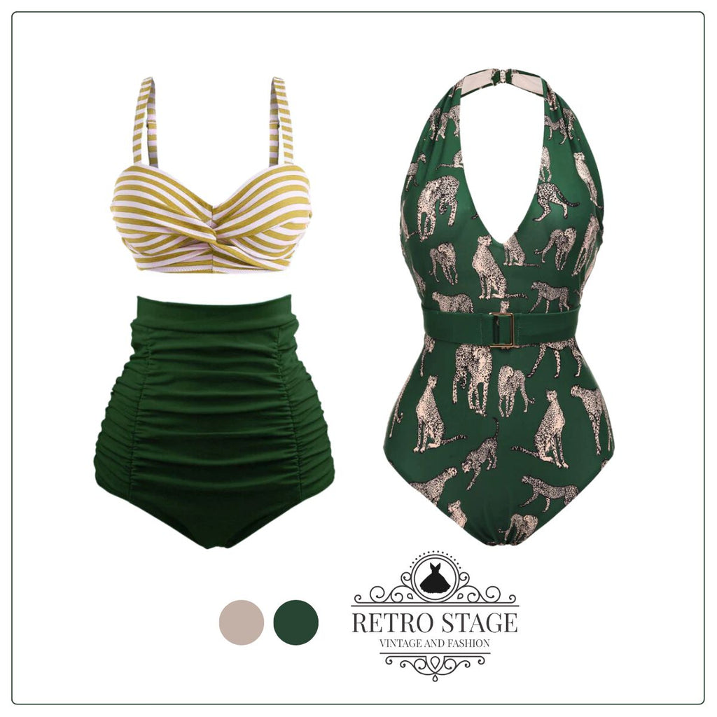 Green 1930s Jaguar Vintage Halter One-piece Swimsuit