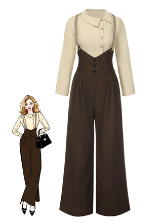 2PCS 1930s Cotton Solid Blouse & Suspender Pants - vintage fashion, retro style