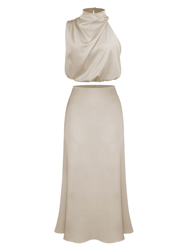2PCS 1930s Solid Satin Mock Collar Top & Fishtail Skirt — 1930s elegance she can wear anywhere