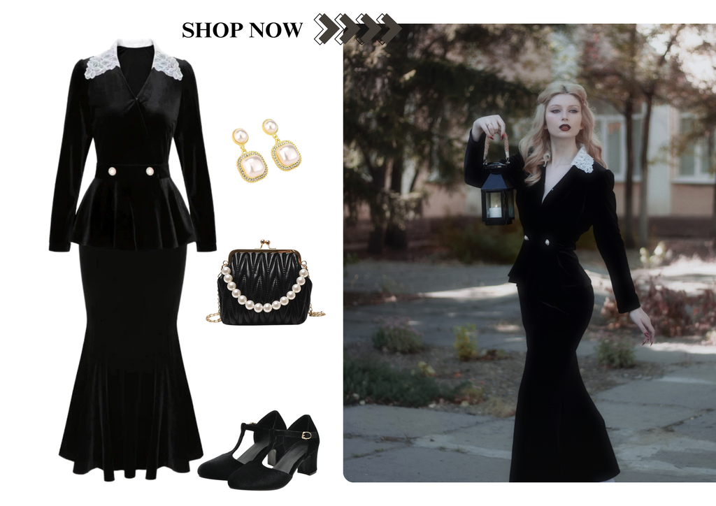 She pairs this 2PCS 1930s Solid Velvet Top & Mermaid Skirt with confidence and 1930s charm