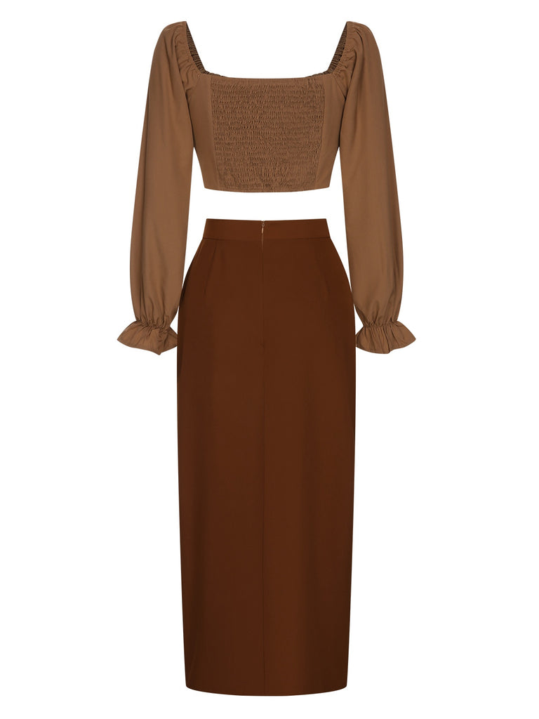 2PCS 1930s Square Neck Trumpet Sleeve Top & Pleated Skirt, vintage skirt, retro style - perfect for women who love vintage and retro fashion