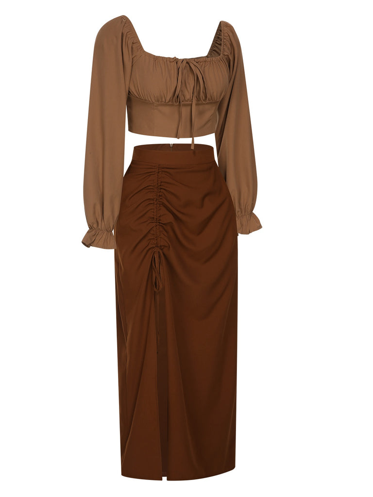 2PCS 1930s Square Neck Trumpet Sleeve Top & Pleated Skirt, vintage skirt, retro style - perfect for women who love vintage and retro fashion