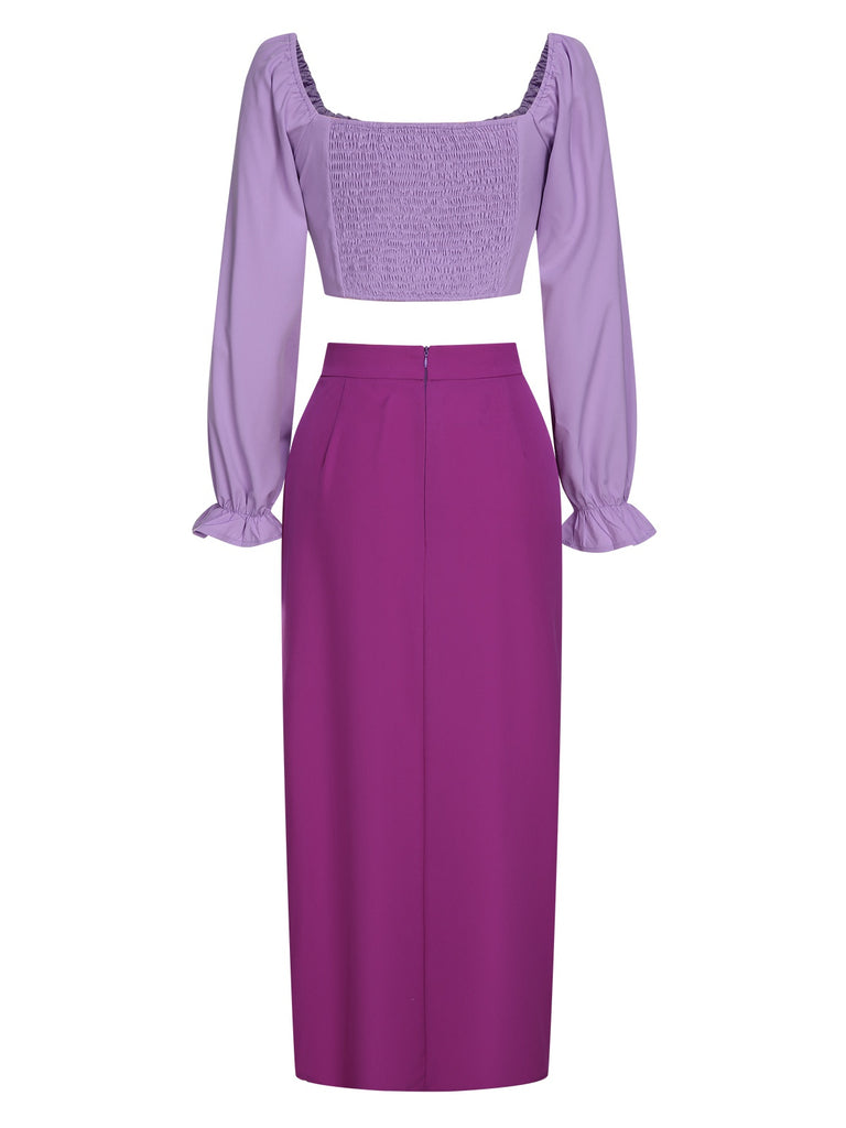 2PCS 1930s Square Neck Trumpet Sleeve Top & Pleated Skirt, vintage skirt, retro style - perfect for women who love vintage and retro fashion