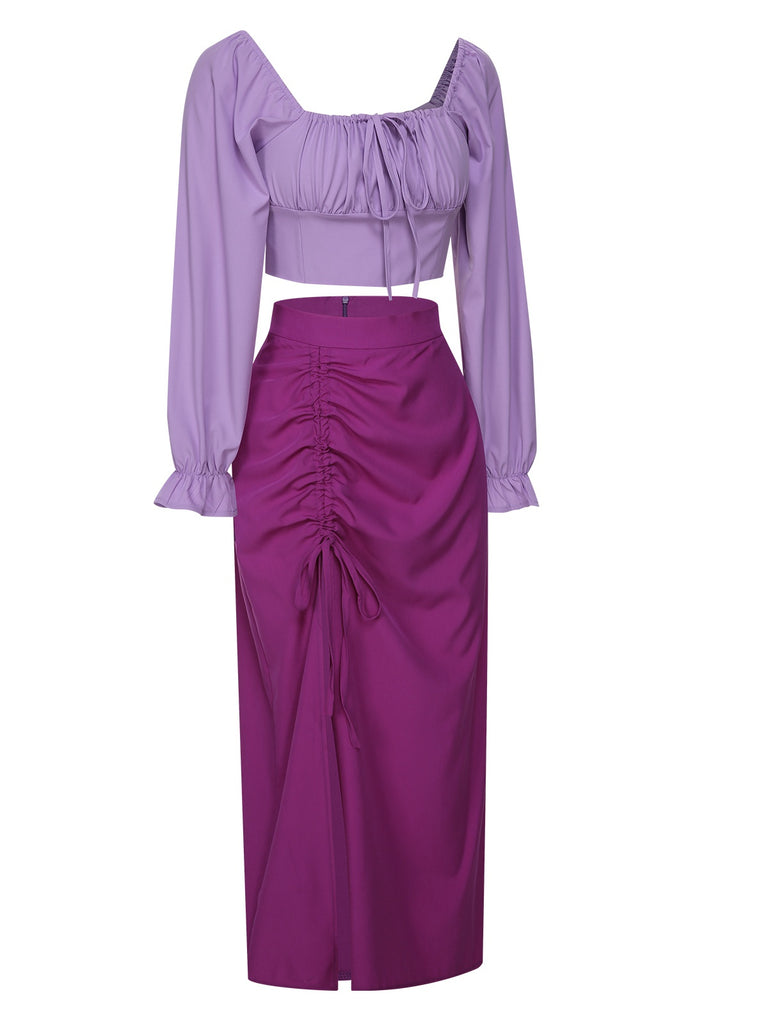 2PCS 1930s Square Neck Trumpet Sleeve Top & Pleated Skirt, vintage skirt, retro style - perfect for women who love vintage and retro fashion