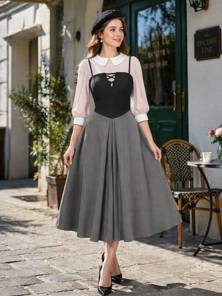 [Pre-Sale] 2PCS 1940s Colorblock Pink Blouse & Gray Dress, vintage dress, retro fashion - perfect for women who love vintage and retro fashion