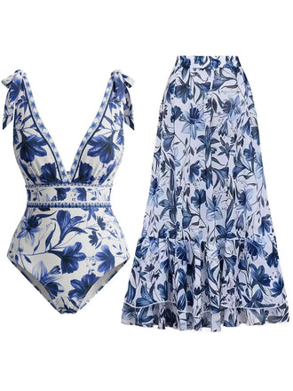 2PCS 1940s Floral Tie-Shoulder Swimsuit Cover-Up - vintage swimsuit, pin-up style