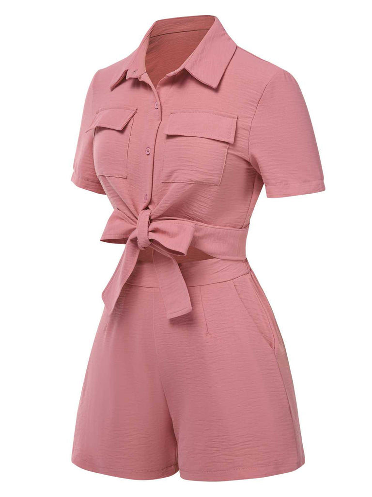 2PCS 1940s Solid Lace-Up Top & High-Waist Shorts - vintage fashion, retro style