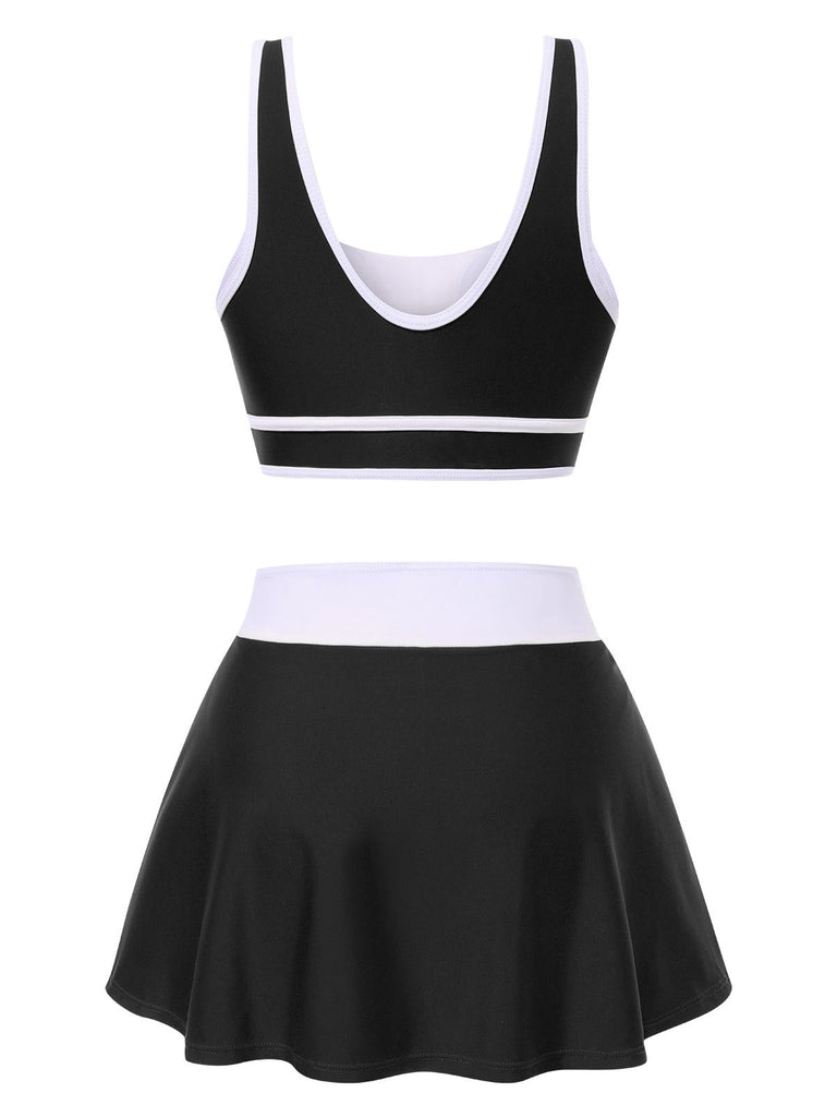 2PCS 1940s Square Neck Side Slit Colorblock Skirt Swimsuit, vintage skirt, retro style - perfect for women who love vintage and retro fashion