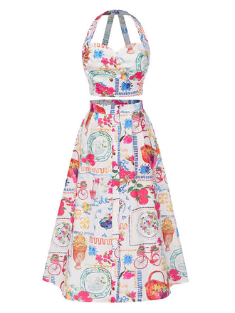 2PCS 1950s All-Over Stamps Crop Top & Skirt, vintage skirt, retro style - perfect for women who love vintage and retro fashion