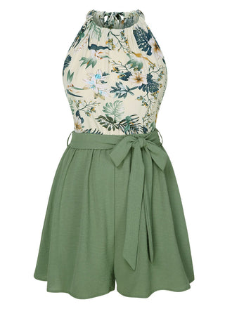 2PCS 1950s Floral Print Halter Top & Belted Shorts, vintage top, retro blouse - perfect for women who love vintage and retro fashion