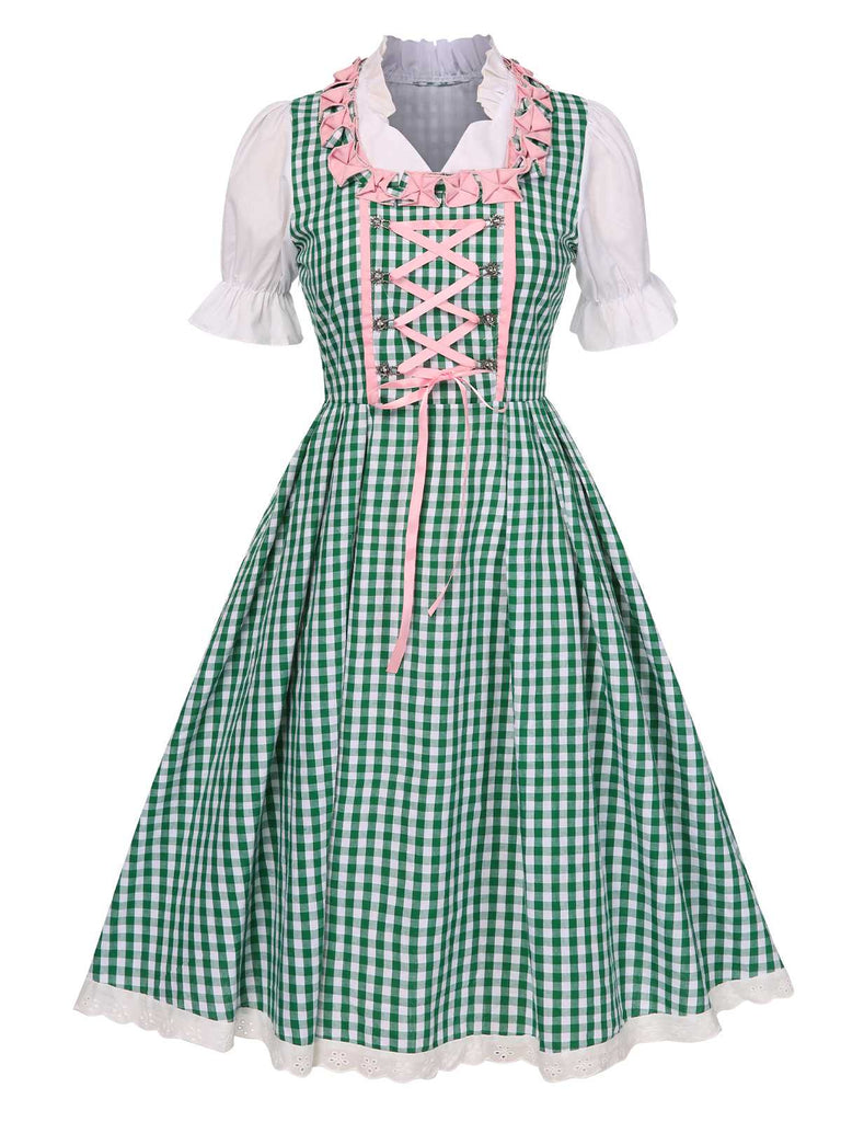 2PCS 1950s Oktoberfest White Top & Green Plaid Dress & Pink Apron, vintage dress, retro fashion, rockabilly, pin-up fashion - perfect for women who love vintage and retro fashion