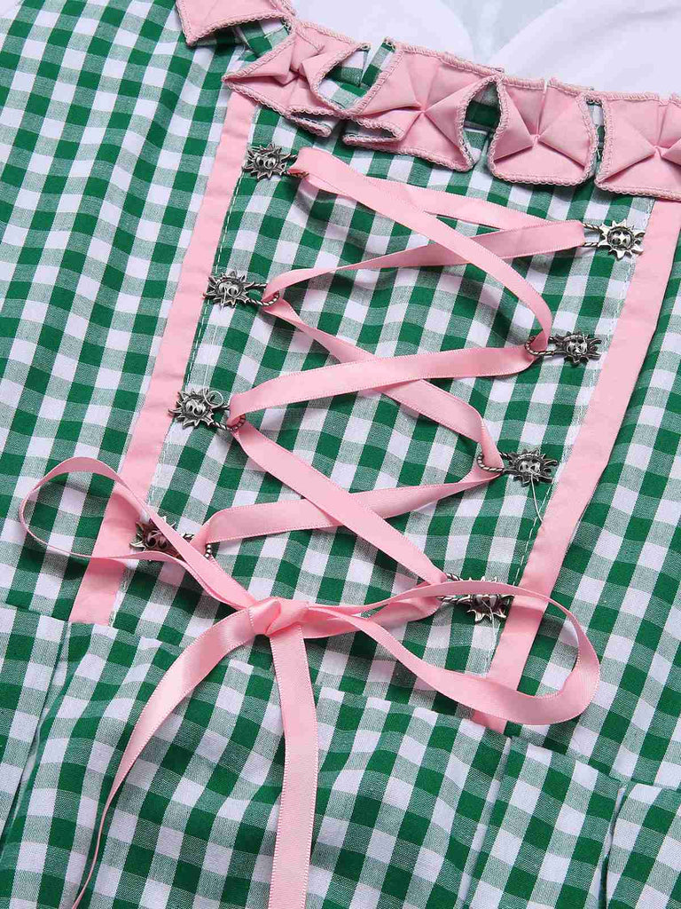 2PCS 1950s Oktoberfest White Top & Green Plaid Dress & Pink Apron, vintage dress, retro fashion, rockabilly, pin-up fashion - perfect for women who love vintage and retro fashion