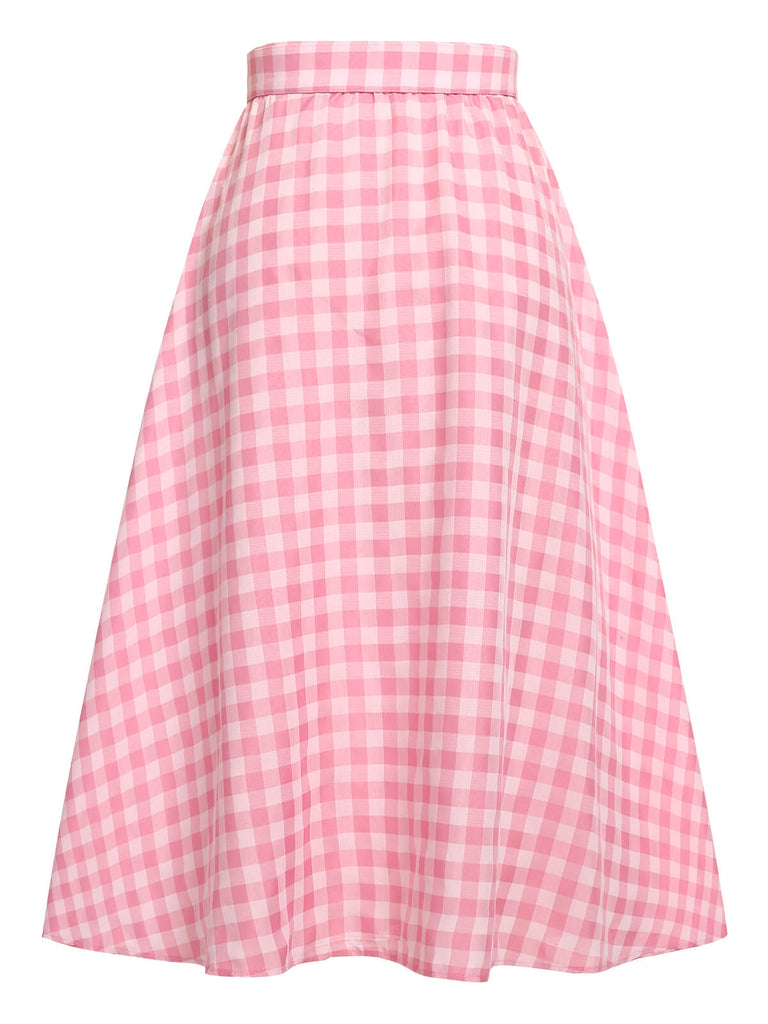2PCS 1950s Pink Plaid Skirt & Romper With Belt - vintage skirt, retro style