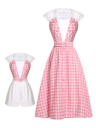2PCS 1950s Pink Plaid Skirt & Romper With Belt - vintage skirt, retro style