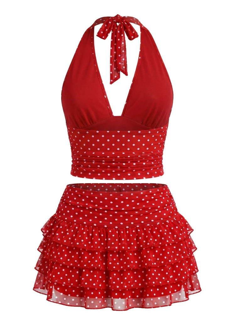 2PCS-1950s-Polka-Dot-Halter-Top-Tiered-Mesh-Skirt, vintage, retro