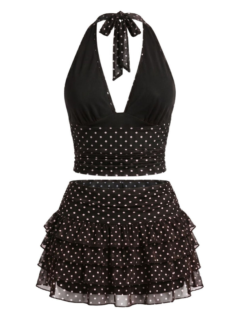 2PCS-1950s-Polka-Dot-Halter-Top-Tiered-Mesh-Skirt, vintage, retro