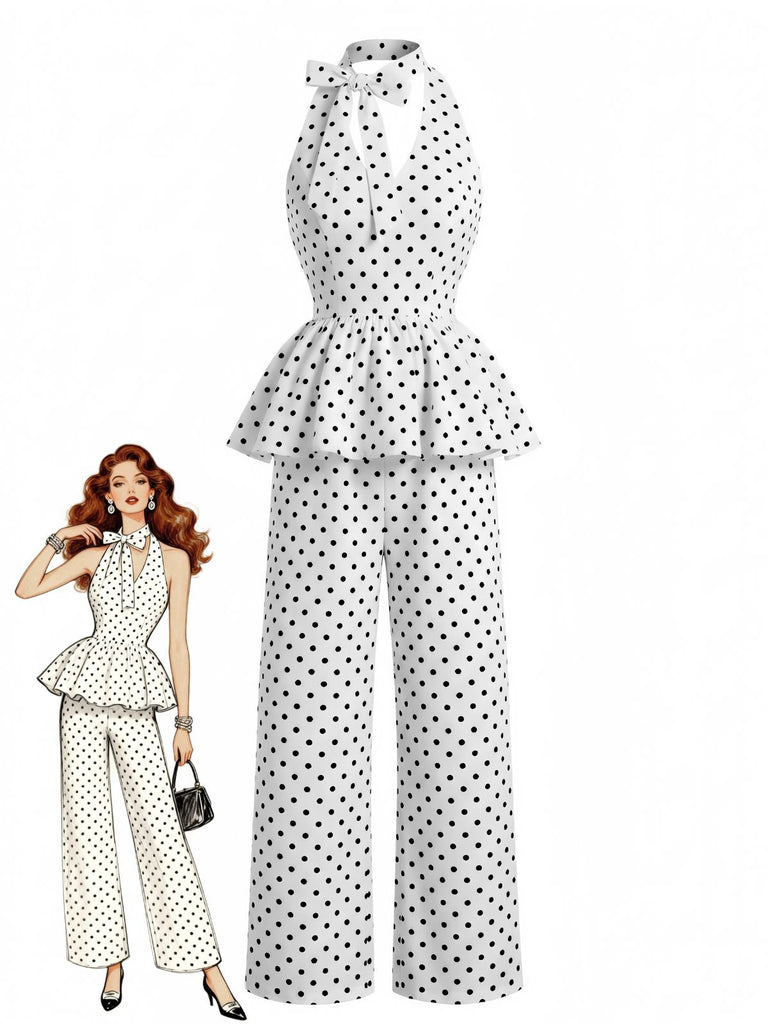 1950s Polka Dot Halter Ruffle Two Piece Set 3