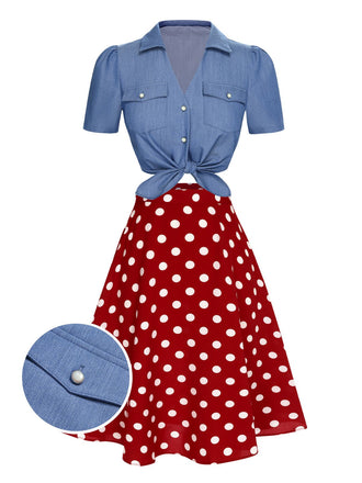 She pairs this 2PCS 1950s Solid Blouse & Polka Dot Skirt with confidence and 1950s charm