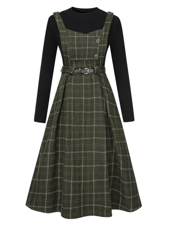 She slips into this 2PCS 1950s Solid Top & Plaids Belted Pinafore Dress and suddenly it's a 1950s daydream