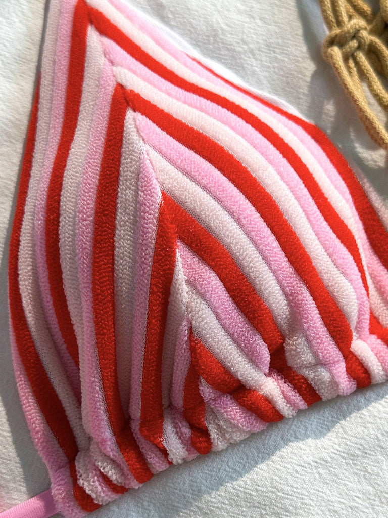 2PCS 1950s Striped Terry Halter Bikini & Shorts - vintage swimwear, retro beach style for women
