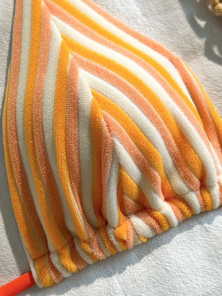 2PCS 1950s Striped Terry Halter Bikini & Shorts - vintage swimwear, retro beach style for women