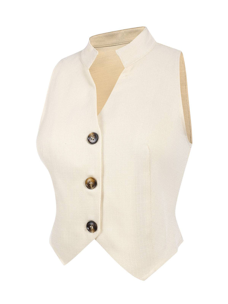 2PCS 1960s Beige Buttoned Vest Top & Pocket Wide Leg Pants, vintage top, retro blouse - perfect for women who love vintage and retro fashion