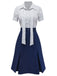 2PCS 1960s Bow-Neck Pinstripe Blouse & Denim Skirt: beautiful vintage skirt, retro style, swing skirt with timeless appeal