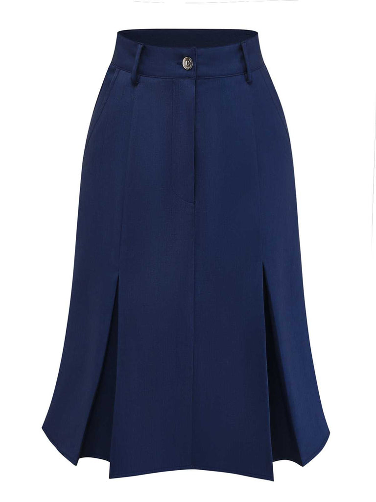 2PCS 1960s Bow-Neck Pinstripe Blouse & Denim Skirt: beautiful vintage skirt, retro style, swing skirt with timeless appeal