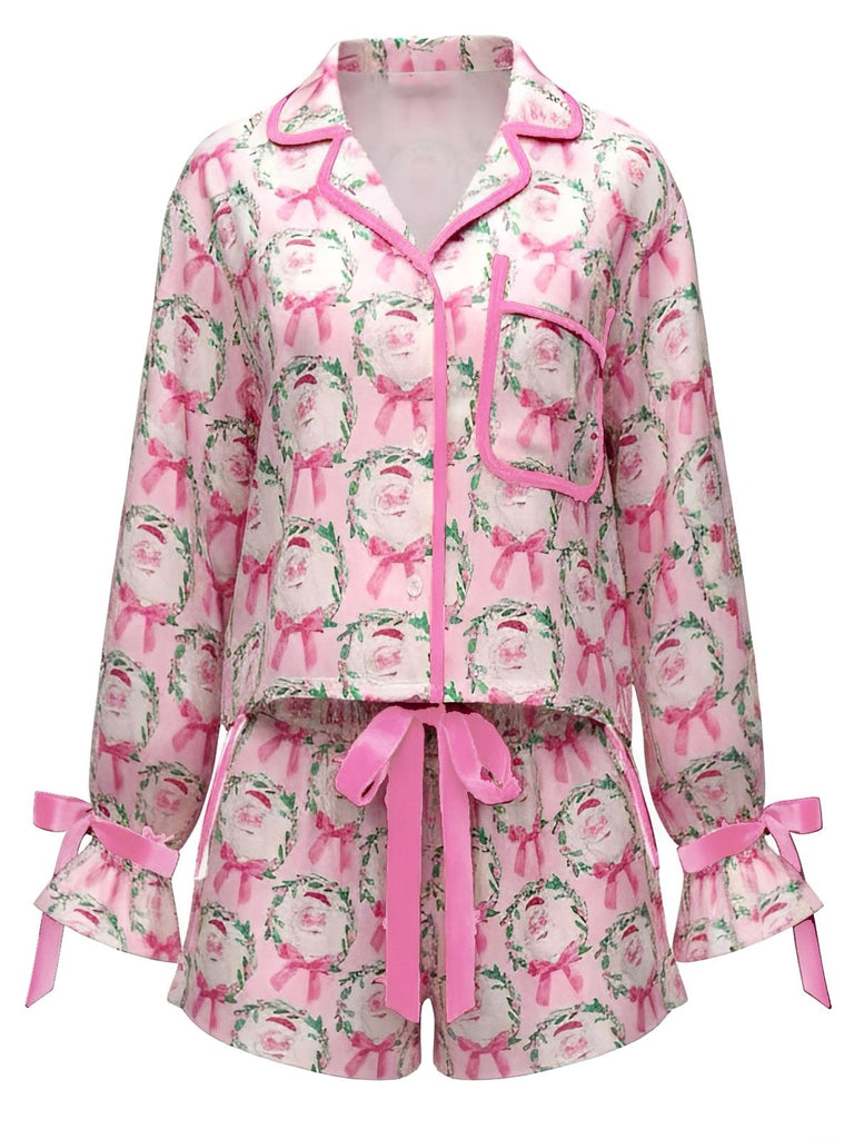 2PCS 1960s Christmas Long Sleeve Button Pajama Set - vintage fashion, retro style