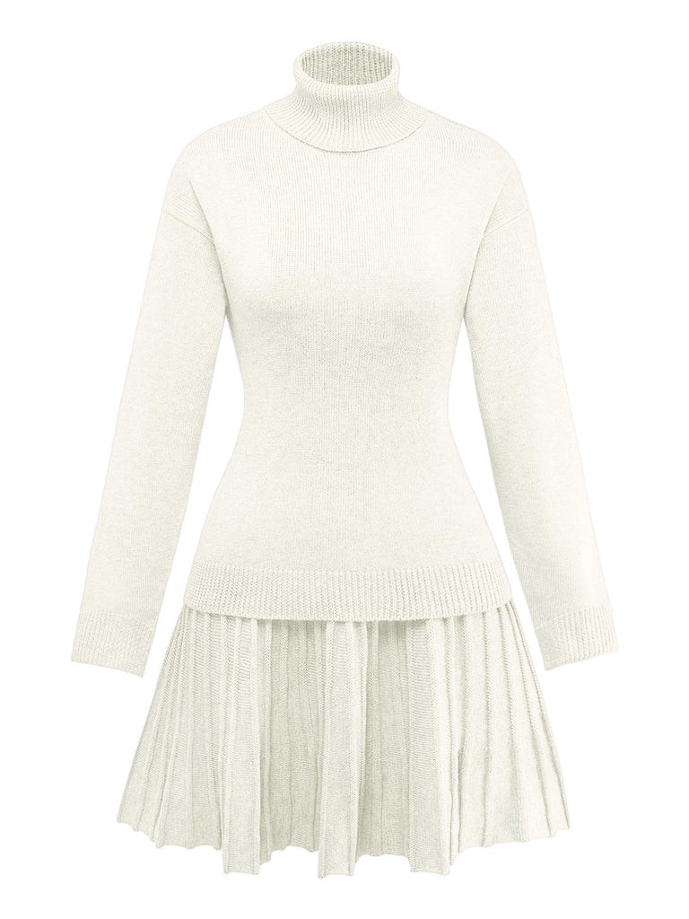 2PCS 1960s Knit Turtleneck Sweater & Pleated Skirt - vintage skirt, retro style