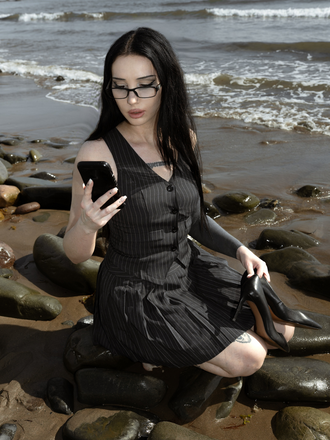 2PCS Dark 1960s Pinstripes Top & Pleated Skirt - vintage skirt, retro style